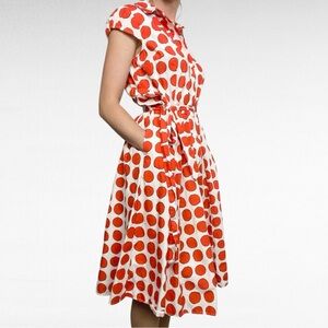 eShakti | White & Red Polka Dot Cotton Fit & Flare Midi Shirt Dress w/Pockets